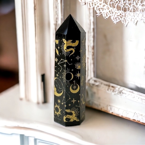 BLACK Obsidian Gold Cosmic Symbols Protection Crystal Obelisk Towers - Picture 3 of 4